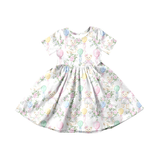 preorder GSD3568 Balloon Bear Flowers Short Sleeve Girls Dress
