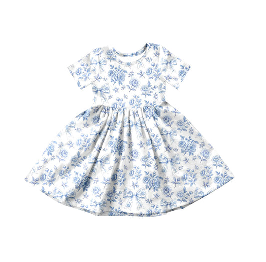 preorder GSD3569 Blue Flowers Short Sleeve Girls Dress