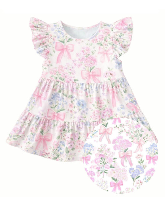 preorder GSD3571 Pink Flowers Bows Flutter Sleeve Girls Dress
