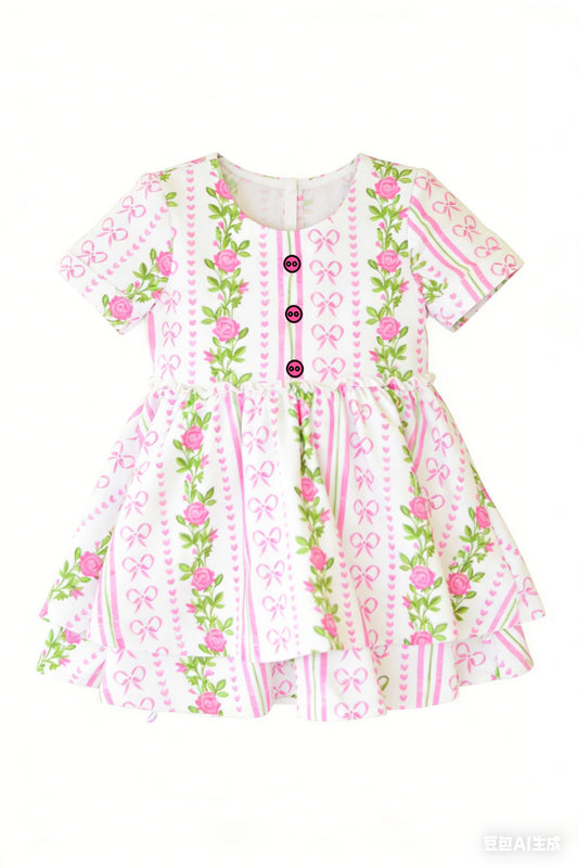 preorder GSD3576 Pink Flowers Bows Flutter Sleeve Girls Dress