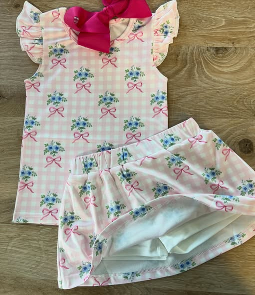 preorder GSD3581 Flowers Bows Pink Checkered Flutter Sleeve Skorts Girls Set