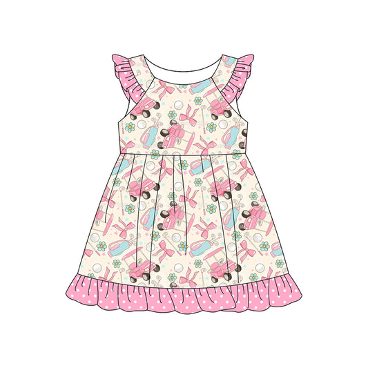 preorder GSD3598 Golf Car Bows Pink Flutter Sleeve Girls Dress