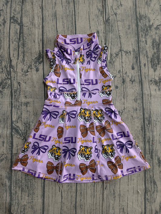 preorder GSD3604 Football Team Bows Tiger Purple Zipper Sleeveless Skorts Girls Dress