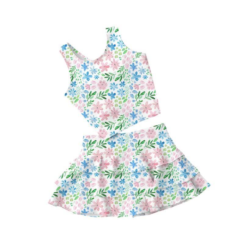 preorder GSD3641 Yoga Pink Blue Flowers Sleeveless Skorts Girls Set