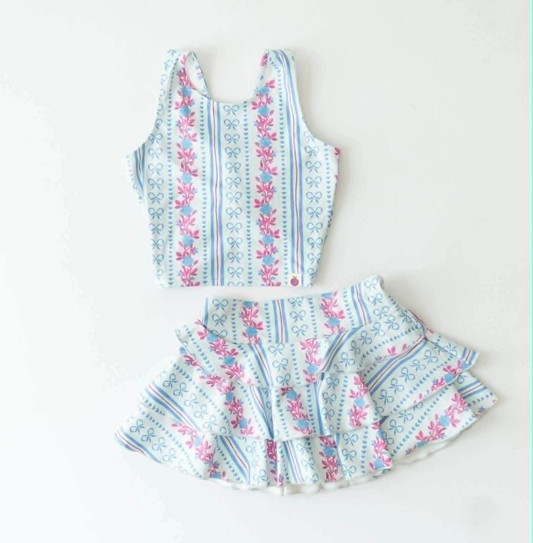 preorder GSD3642 Yoga Blue Flowers Bows Sleeveless Skorts Girls Set