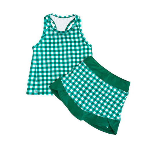 preorder GSD3653 Yoga Green Checkered Sleeveless Skorts Girls Set