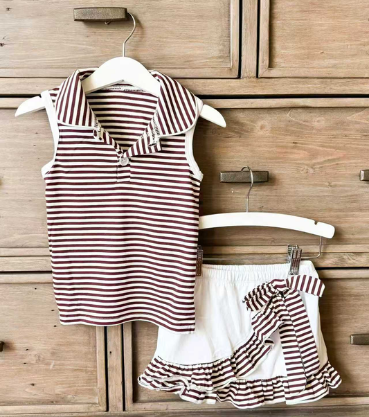 preorder GSD3662 Khaki Striped Sleeveless Skorts Girls Set