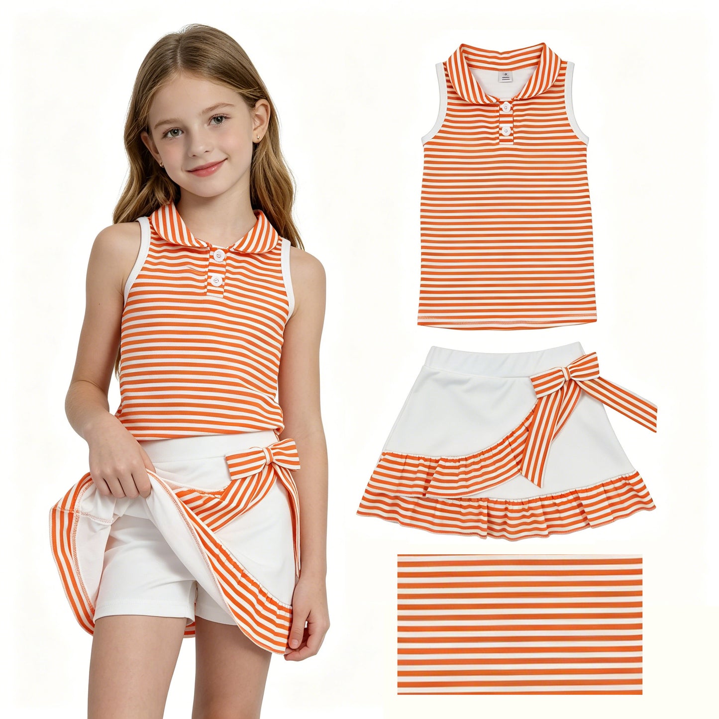 GSD3663 Yoga Orange Striped Sleeveless Skorts Girls Set