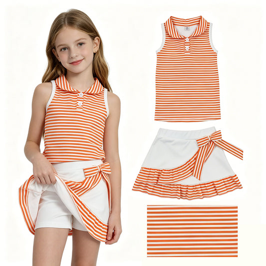 GSD3663 Yoga Orange Striped Sleeveless Skorts Girls Set