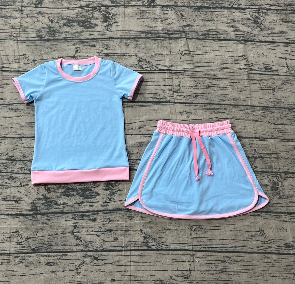 preorder Samples GSD3671 Cotton Blue Short Sleeve Skorts Girls Set