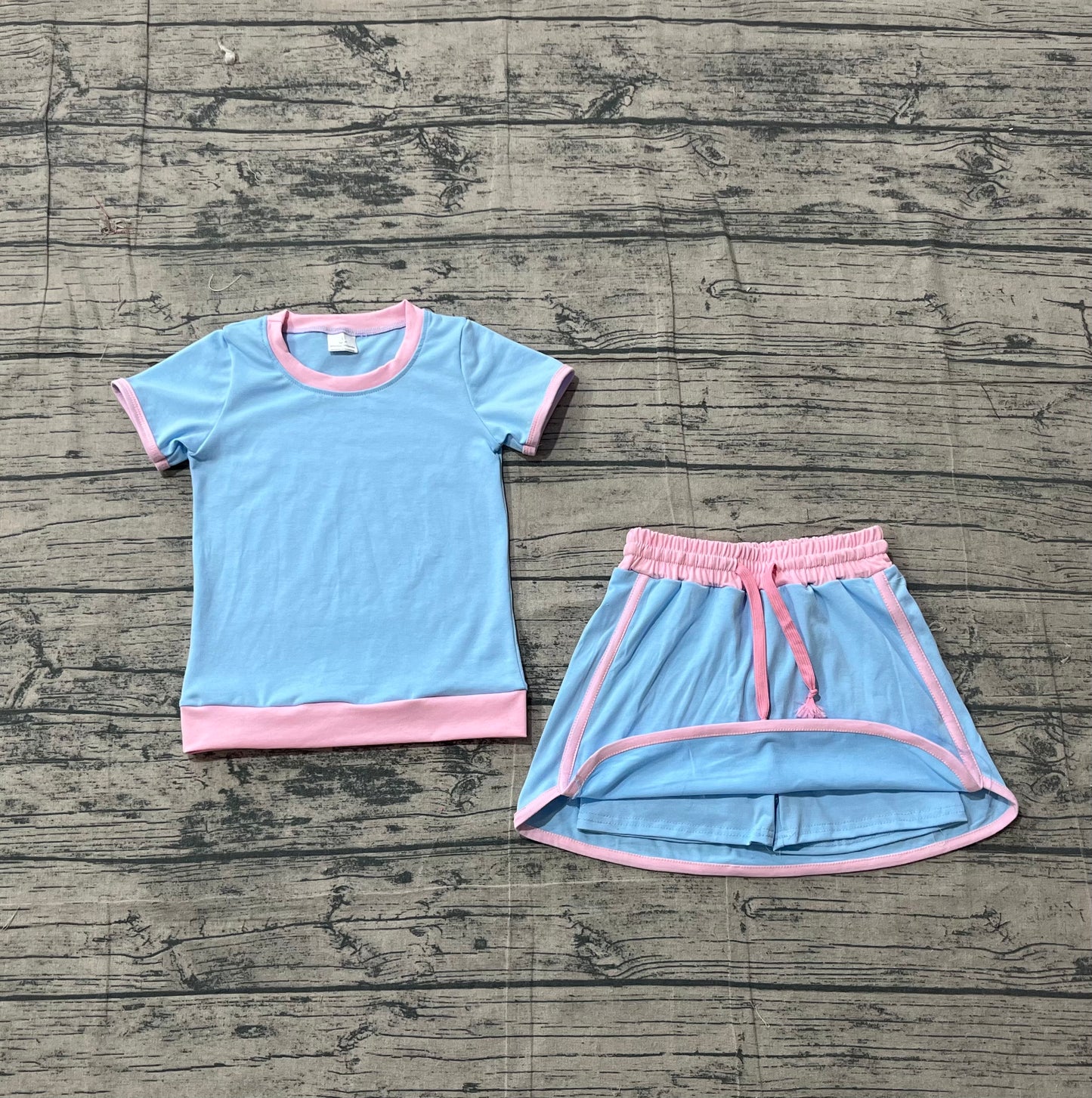 preorder Samples GSD3671 Cotton Blue Short Sleeve Skorts Girls Set