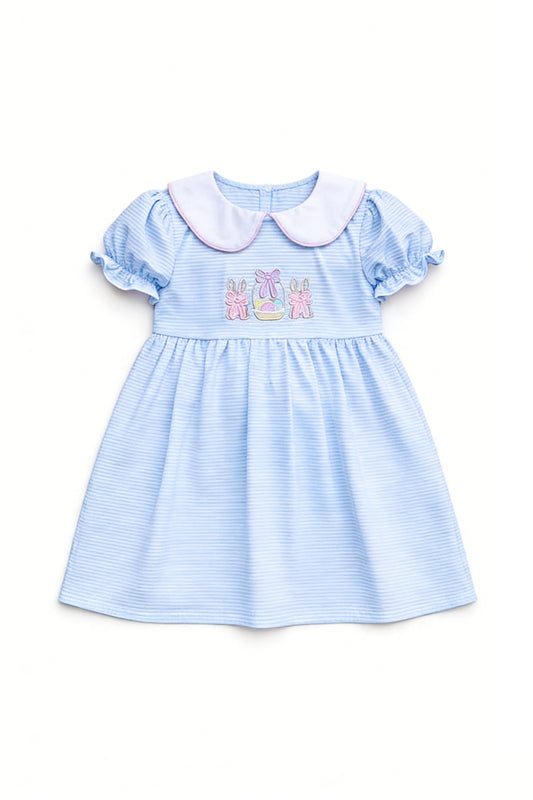 preorder GSD3680 Easter Rabbit Bows Egg Blue Short Sleeve Girls Dress