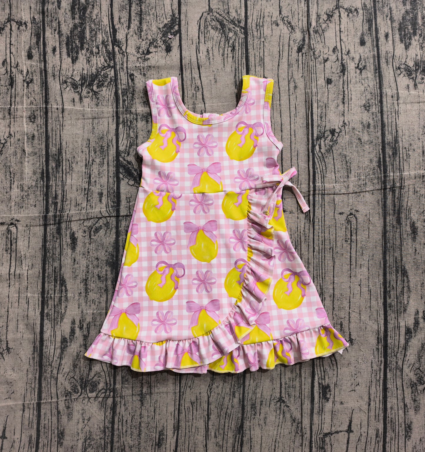 preorder Samples GSD3683 Lemon Bows Pink Checkered Sleeveless Skorts Girls Dress