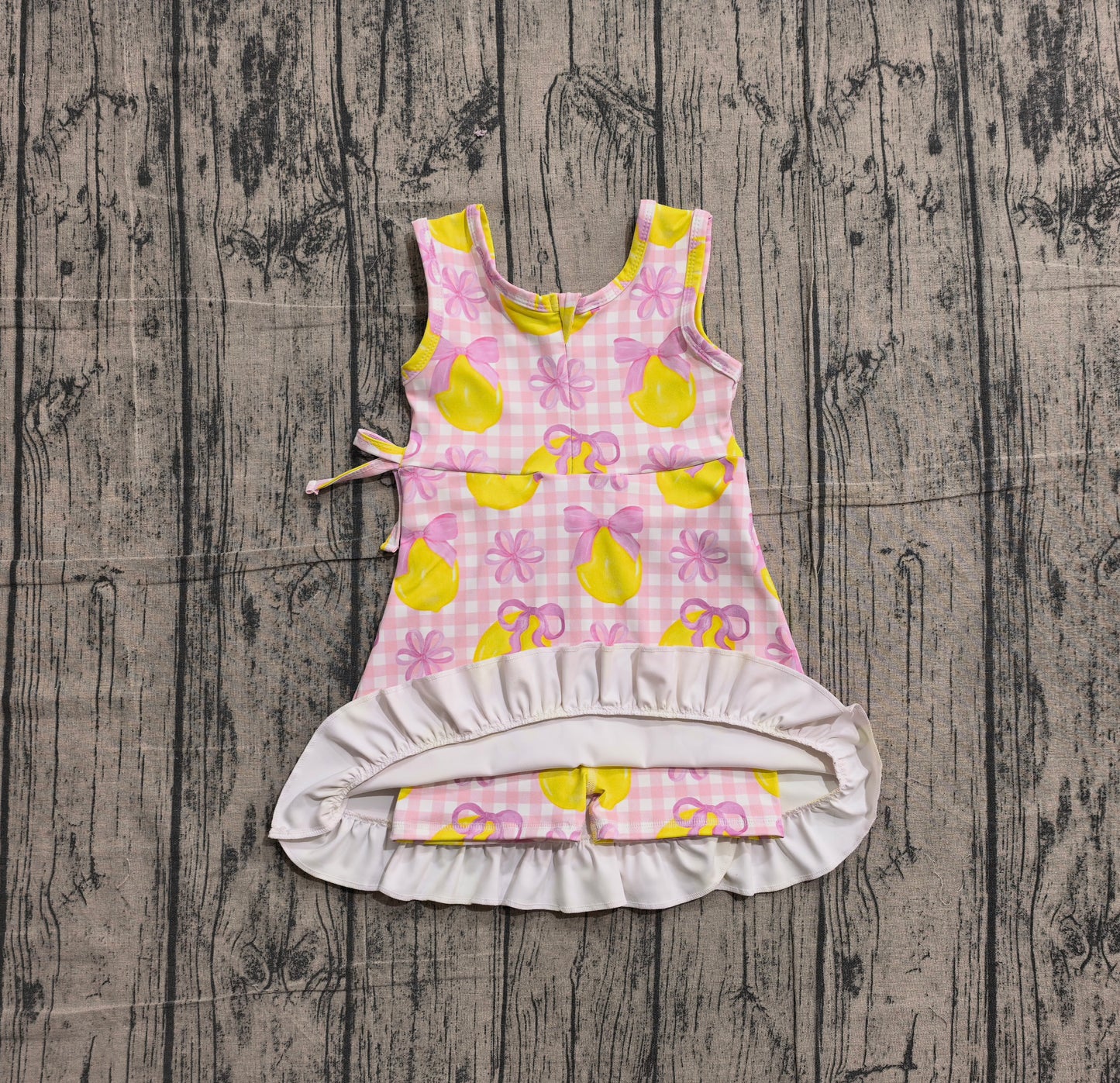 preorder Samples GSD3683 Lemon Bows Pink Checkered Sleeveless Skorts Girls Dress