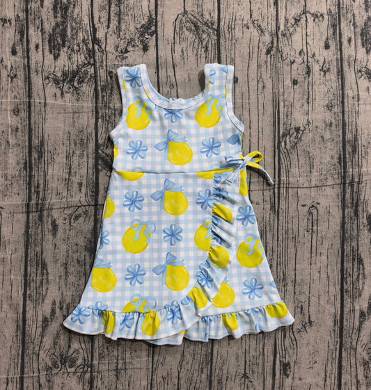 preorder Samples GSD3684 Lemon Bows Blue Checkered Sleeveless Skorts Girls Dress