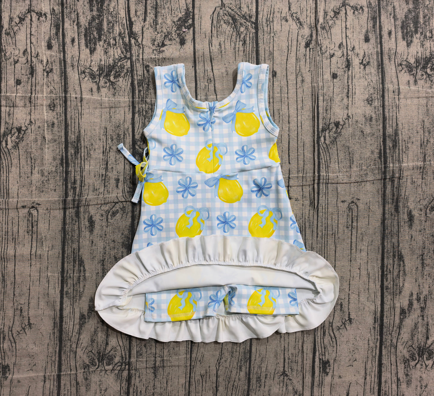 preorder Samples GSD3684 Lemon Bows Blue Checkered Sleeveless Skorts Girls Dress