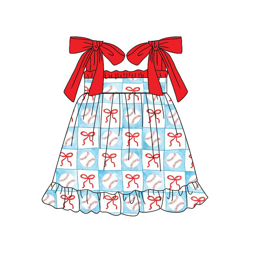 preorder GSD3729 Baseball Bows Blue Girls Dress