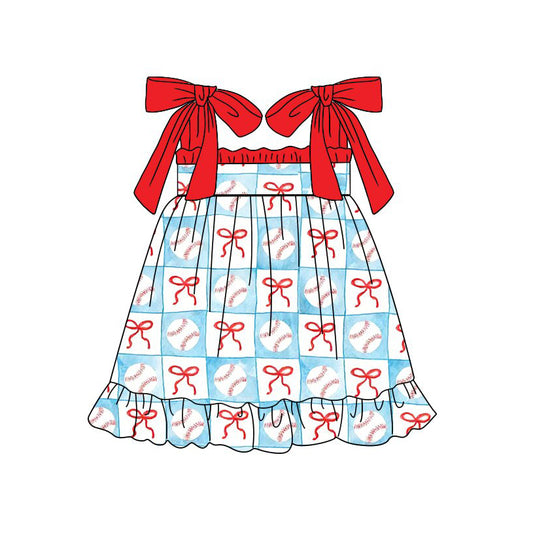 preorder GSD3729 Baseball Bows Blue Girls Dress