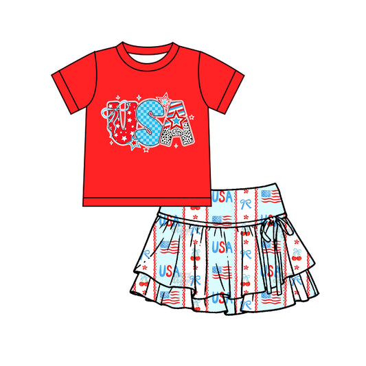 preorder GSD3744 July 4th USA Red Short Sleeve Bows Skorts Girls Set