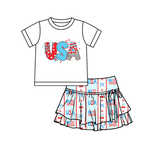 preorder GSD3745 July 4th USA White Short Sleeve Bows Skorts Girls Set