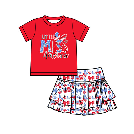 preorder GSD3746 July 4th Little Miss America Red Short Sleeve Bows Skorts Girls Set