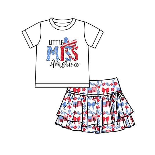 preorder GSD3747 July 4th Little Miss America White Short Sleeve Bows Skorts Girls Set