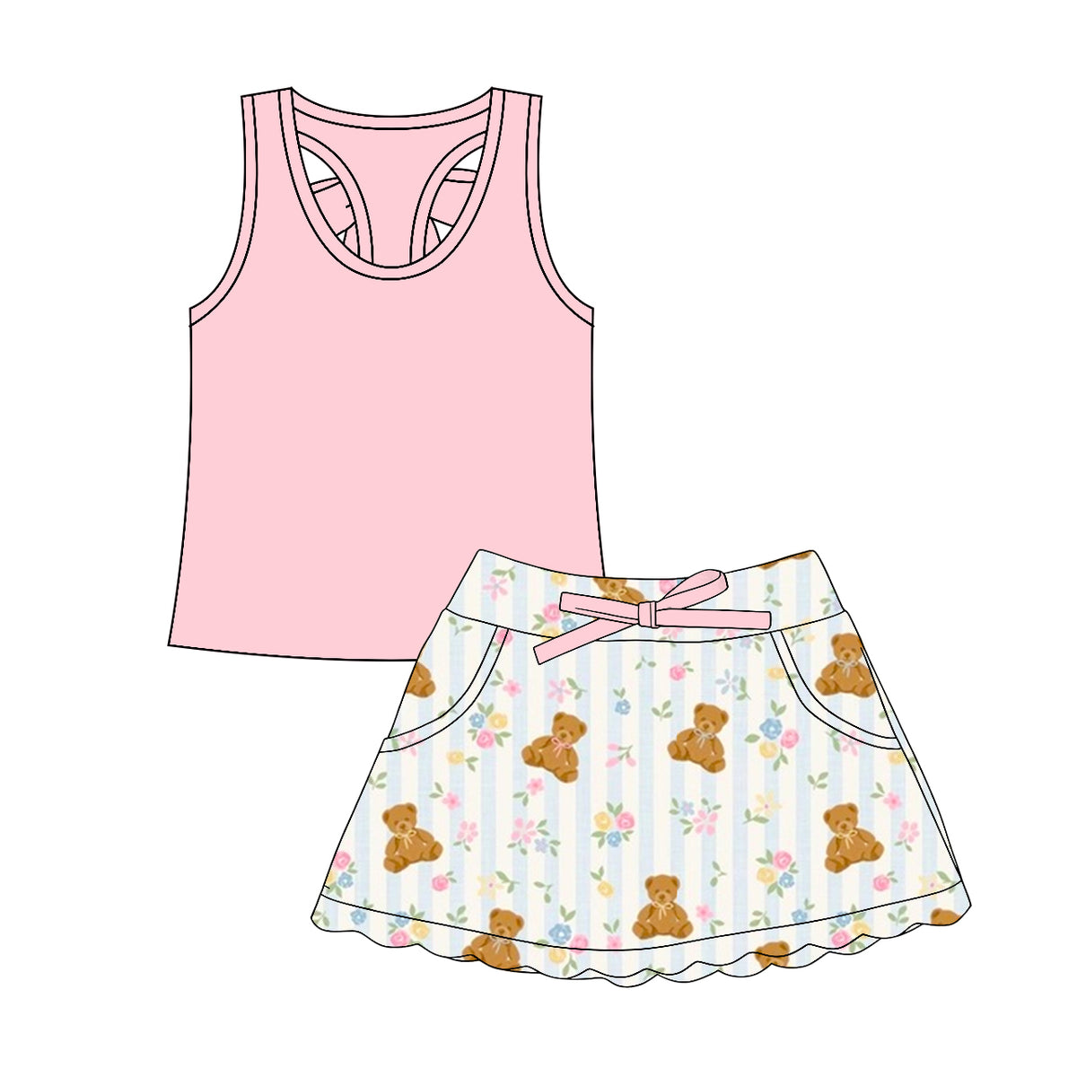 preorder GSD3764 Pink Sleeveless Bear Skorts Girls Set