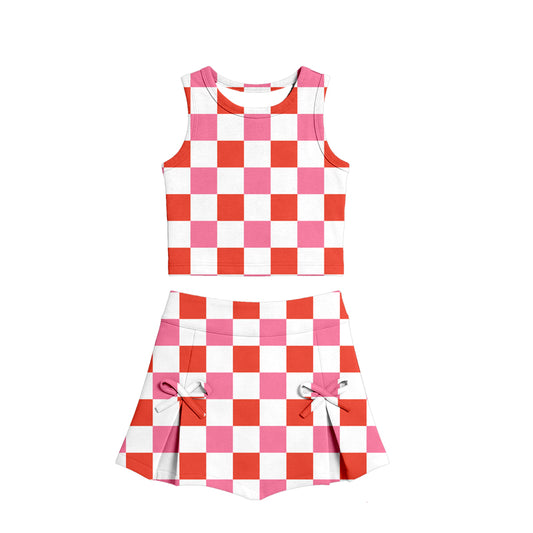 preorder GSD3784 Yoga Red Checkered Sleeveless Skorts Girls Set
