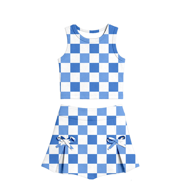 preorder GSD3786 Yoga Blue Checkered Sleeveless Skorts Girls Set