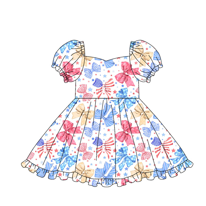 preorder GSD3790 July 4th Colorful Bows Short Sleeve Girls Dress