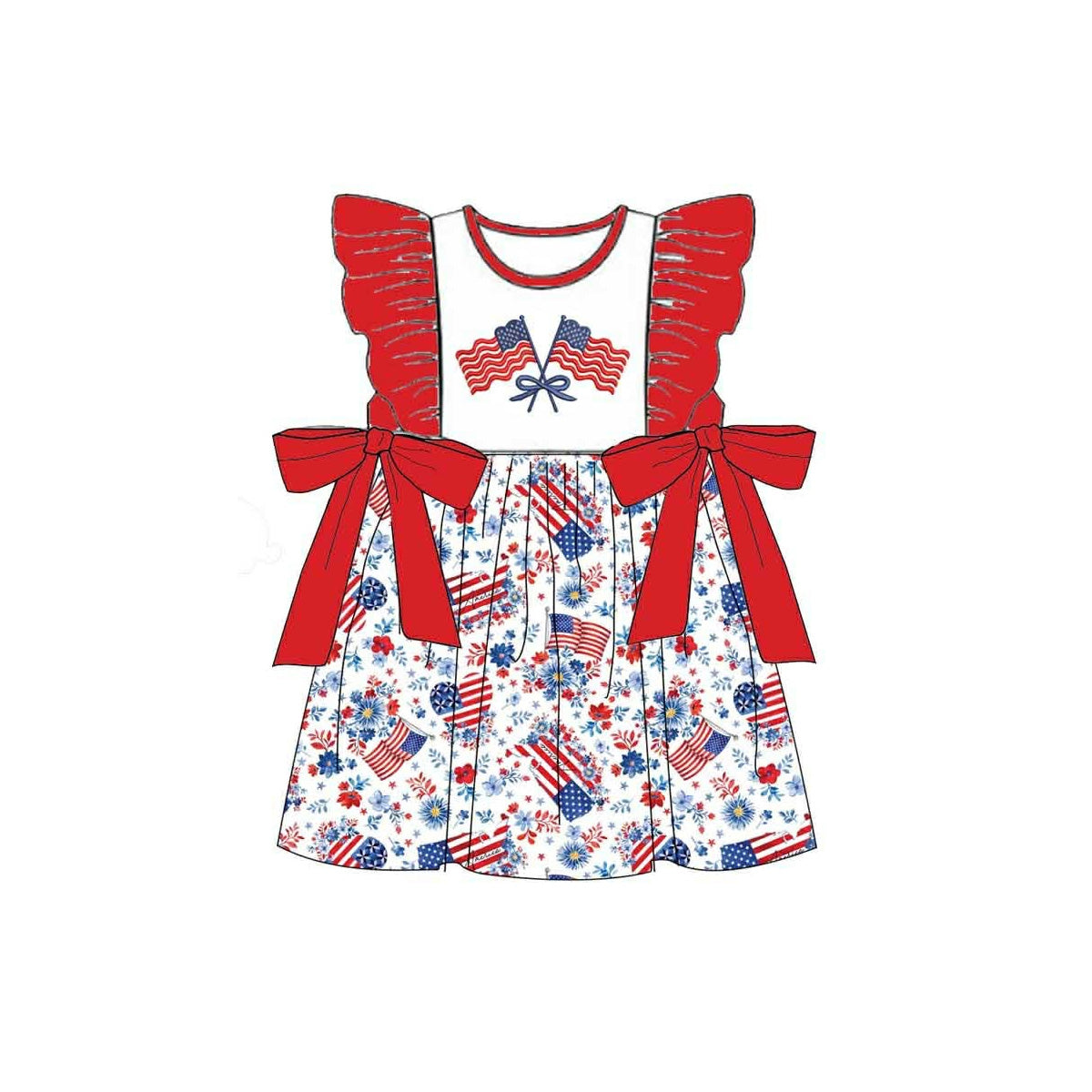 preorder GSD3794 July 4th Flag Bows Flutter Sleeve Girls Dress