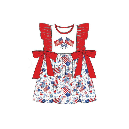 preorder GSD3794 July 4th Flag Bows Flutter Sleeve Girls Dress