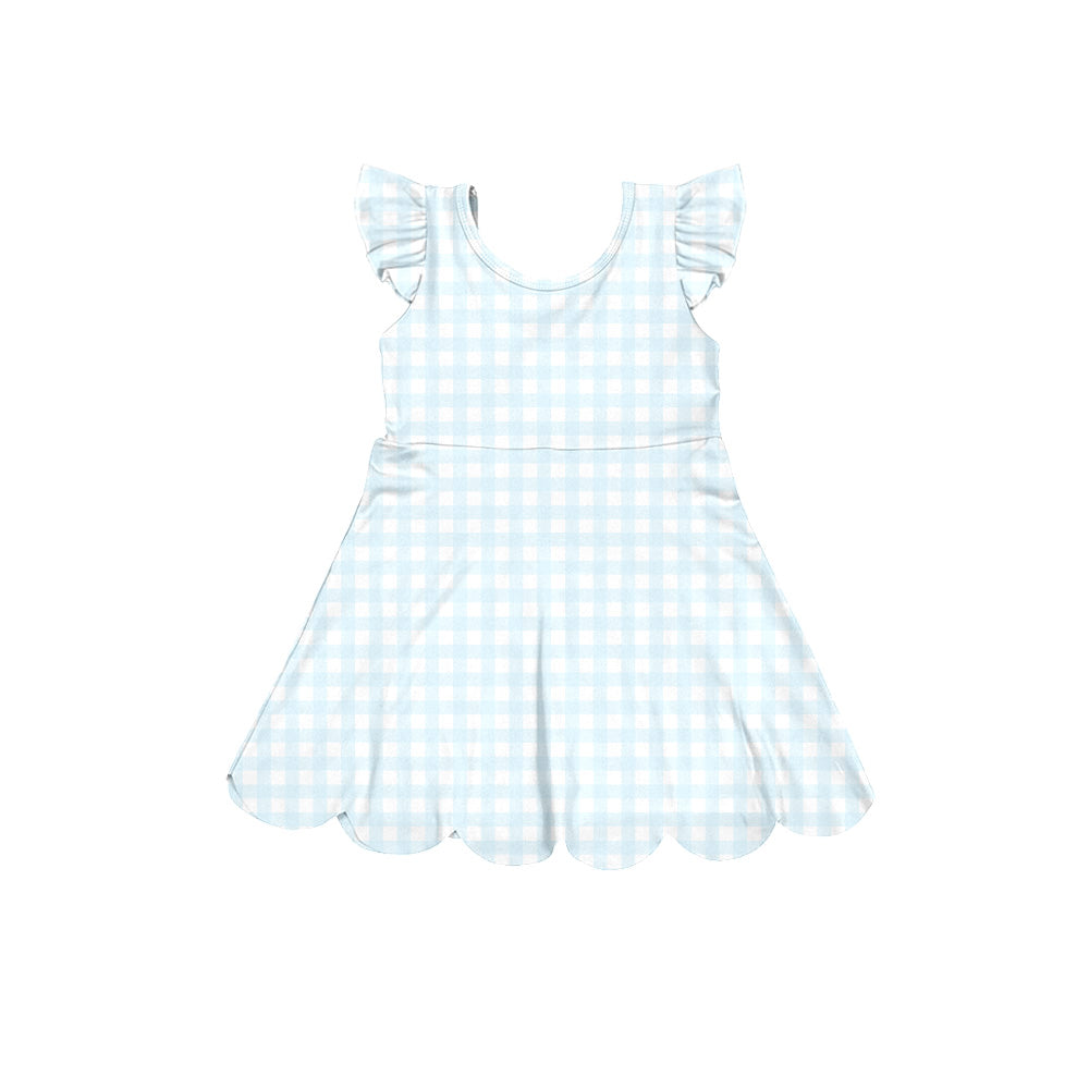 preorder GSD3797 Yoga Blue Checkered Flutter Sleeve Girls Dress