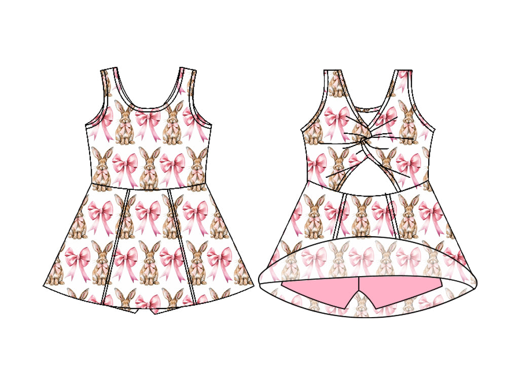 preorder GSD3802 Easter Rabbit Bows Pink Sleeveless Skorts Girls Dress