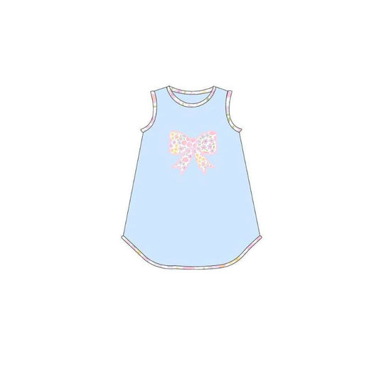 preorder GSD3803 Flowers Bows Blue Sleeveless Girls Dress