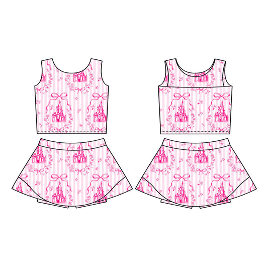 preorder GSD3814 Yoga Pink Castle Bows Sleeveless Skorts Girls Set