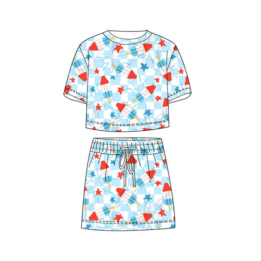 preorder GSD3816 July 4th Firework Blue Short Sleeve Shorts Girls Set