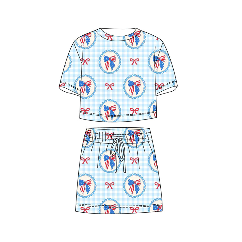 preorder GSD3817 July 4th Bows Blue Short Sleeve Shorts Girls Set