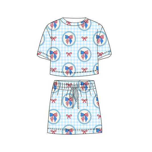 preorder GSD3817 July 4th Bows Blue Short Sleeve Shorts Girls Set