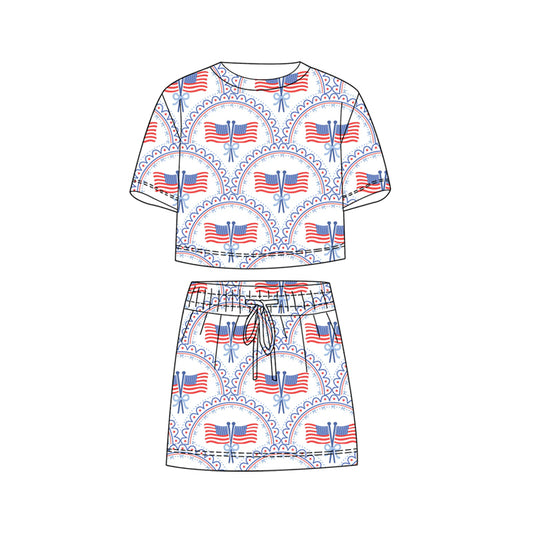 preorder GSD3818 July 4th Flag Pink Short Sleeve Shorts Girls Set