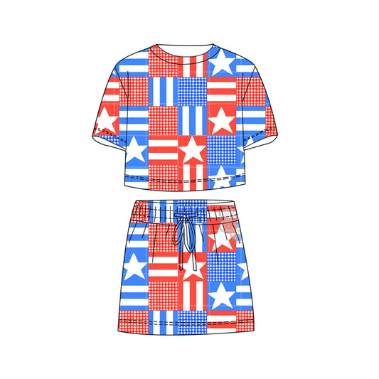 preorder GSD3819 July 4th Star Red Blue Short Sleeve Shorts Girls Set