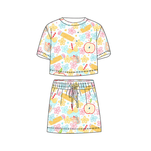 preorder GSD3821 Back To School Flowers Pen Short Sleeve Shorts Girls Set