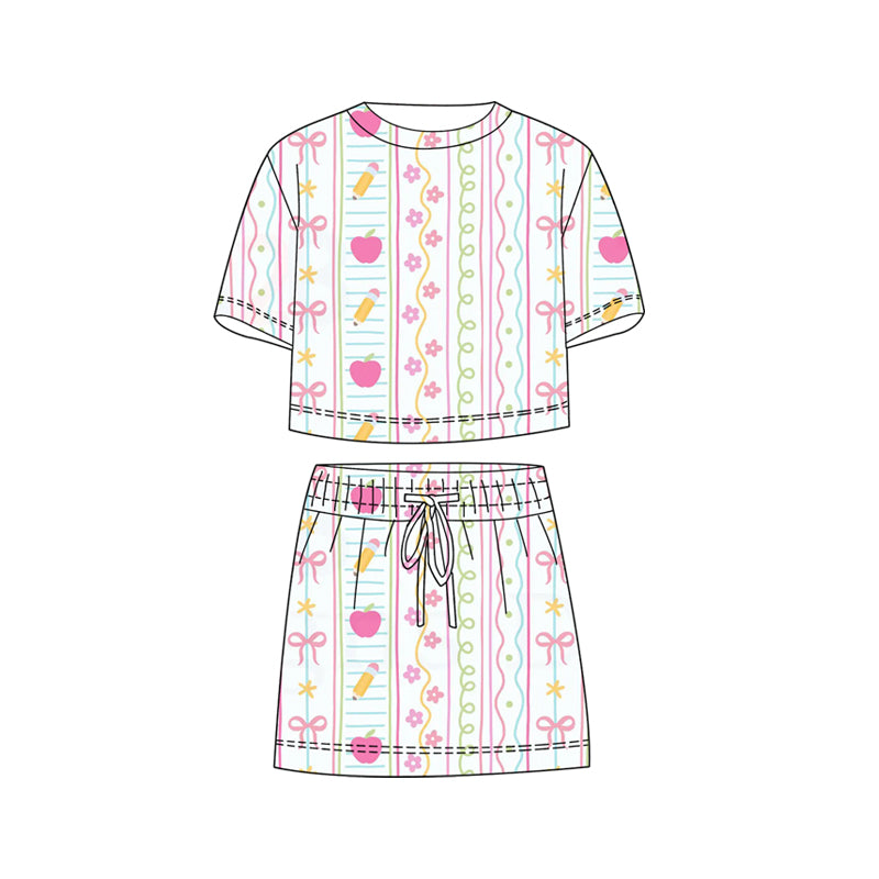 preorder GSD3822 Back To School Flowers Pen Short Sleeve Shorts Girls Set