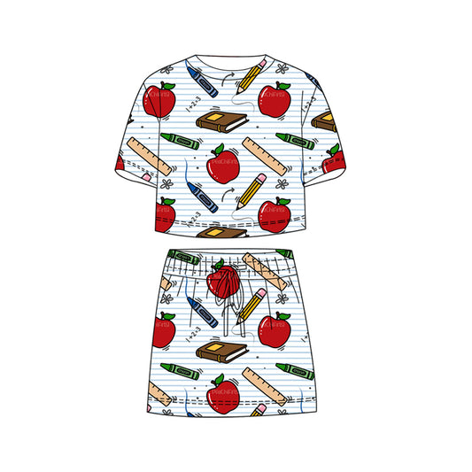preorder GSD3823 Back To School Apple Pen Short Sleeve Shorts Girls Set