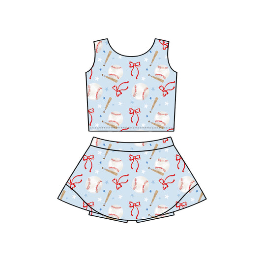 preorder GSD3805 Yoga Baseball Bows Blue Sleeveless Skorts Girls Set