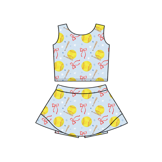 preorder GSD3806 Yoga Softball Bows Blue Sleeveless Skorts Girls Set