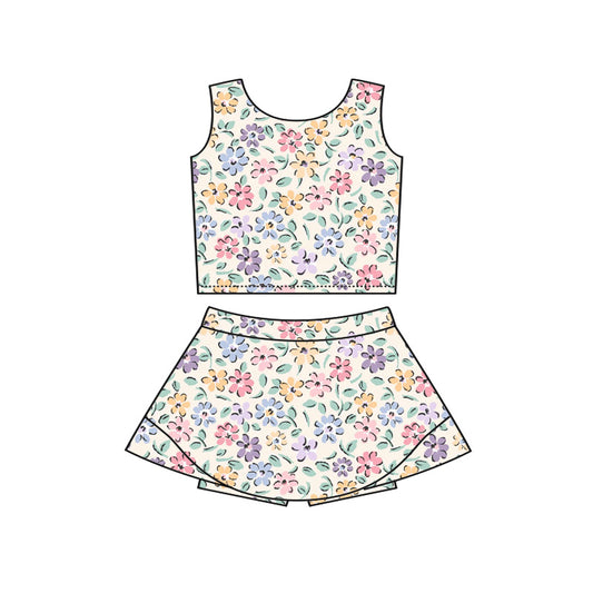 preorder GSD3808 Yoga Colorful Flowers Pink Sleeveless Skorts Girls Set