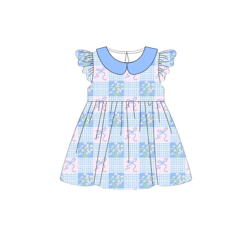 preorder GSD3844 Blue Flowers Bows Flutter Sleeve Girls Dress