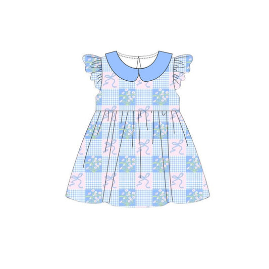 preorder GSD3844 Blue Flowers Bows Flutter Sleeve Girls Dress