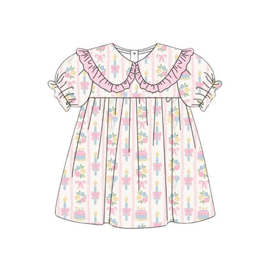 preorder GSD3848 Birthday Cake Flowers Bows Pink Short Sleeve Girls Dress